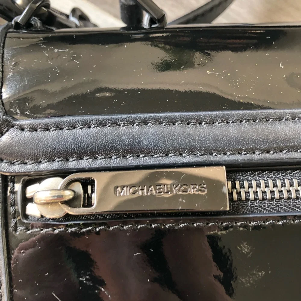 Michael Kors Callie All Black Patent Leather Lambskin Satchel Handbag Crossbody - Picture 6 of 14